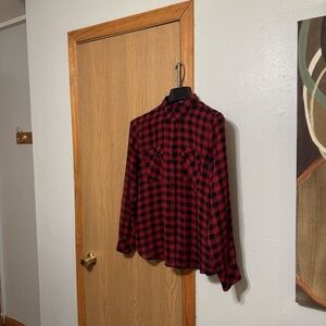 Chaps XL Red & White w/Checked Print Long Sleeve Button-Front Sheer Blouse - EUC